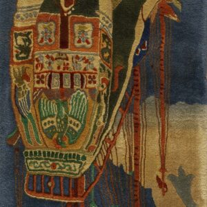 Pictorial rug detail featuring a complex structure in green, rust, and tan against a deep blue background.