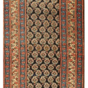 Runner rug with a dark repeating medallion center and wide borders patterned in rust, beige, and blue.