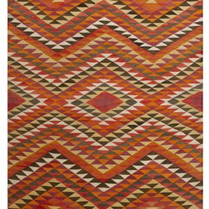 Flatwoven rug featuring a dense geometric pattern of colorful red, orange, brown, and tan triangles.