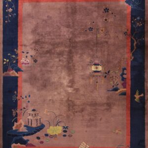 High pile mauve rug with an elaborate dark blue border depicting a boat, pagodas, and colorful flowers.