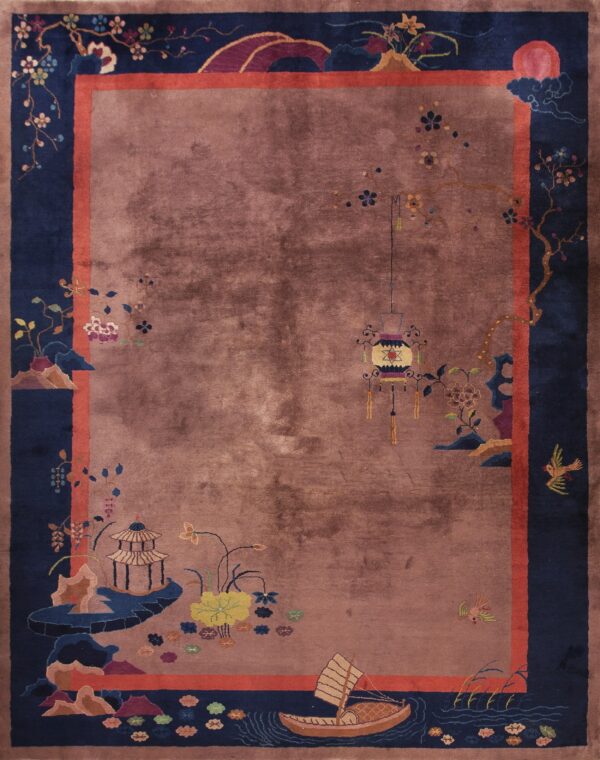 High pile mauve rug with an elaborate dark blue border depicting a boat, pagodas, and colorful flowers.