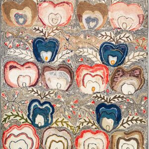 Textured rug with rows of colorful, abstract, heart-shaped floral designs set against a linear cream background.