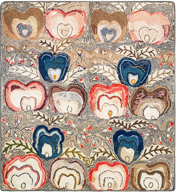 Textured rug with rows of colorful, abstract, heart-shaped floral designs set against a linear cream background.