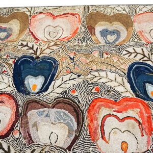 Highly textured rug displaying abstract blue, brown, and rust heart shapes linked by wavy, multicolored lines.