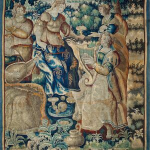 Woven pictorial tapestry displaying figures and musical instruments in a blue and green forest setting.