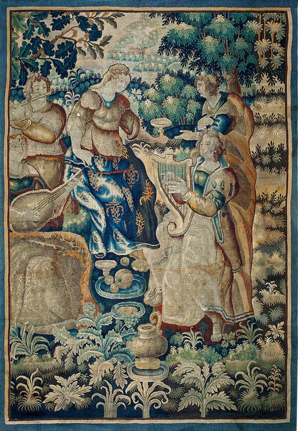 Woven pictorial tapestry displaying figures and musical instruments in a blue and green forest setting.