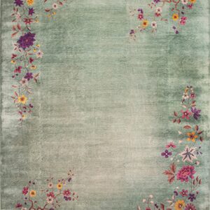 Sage green rug with low pile and decorative floral borders in magenta, purple, and gold colors.