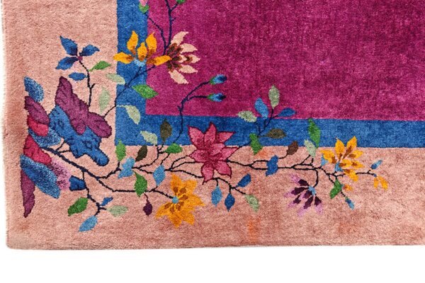 Plush rug corner featuring multicolored floral vines bordering a fuchsia center and blue stripe.