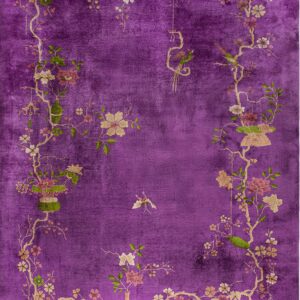 Vibrant purple rug featuring a classical botanical border design with detailed flowers, vines, and birds.