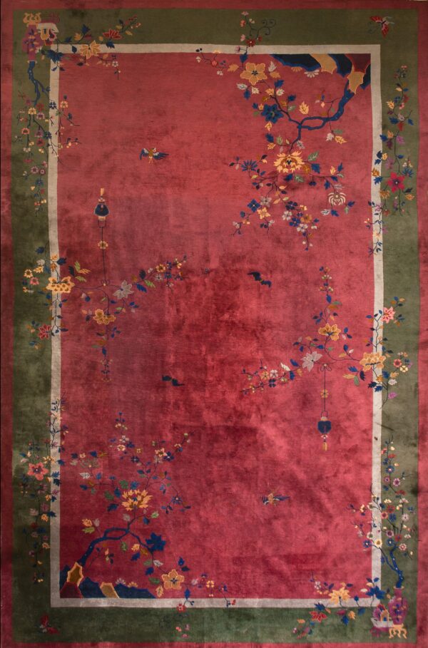 Large hand knotted pile wool rectangle antique 1920s coral / salmon pink rug