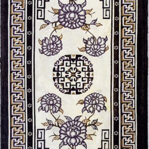 Runner rug with cream center, stylized purple flowers, and complex dark brown geometric fretwork borders.