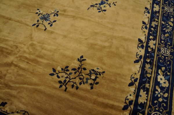 Golden tan rug with plush pile features scattered blue florals and a detailed navy blue patterned border.