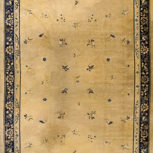 Tan rug with scattered blue and yellow sprigs, framed by a thick dark blue floral border.