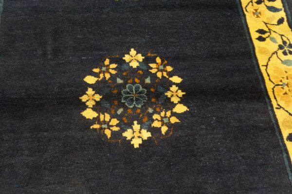 Navy blue rug with a central floral medallion in yellow and blue, next to a wide yellow border.
