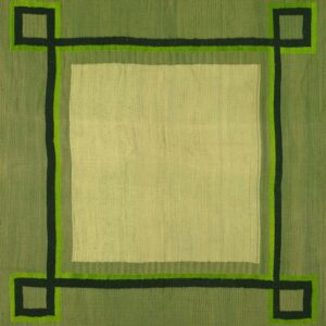 Flatweave rug in shades of green with a central square and an interlocking dark and lime green border.