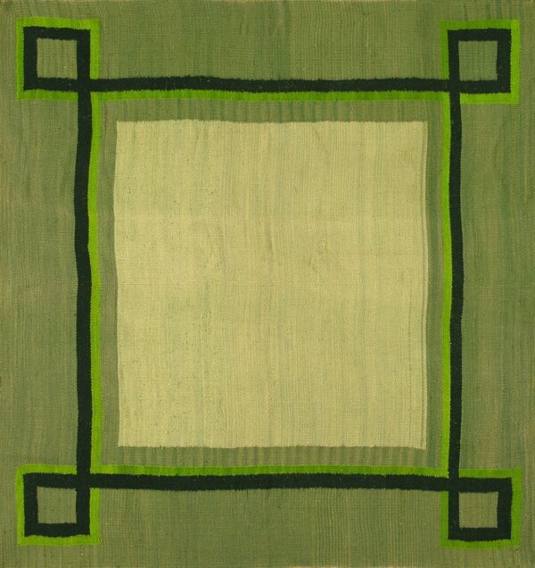 Flatweave rug in shades of green with a central square and an interlocking dark and lime green border.