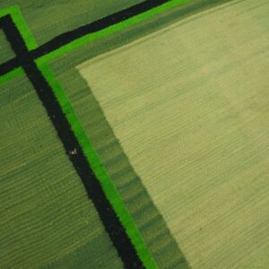 Pale green flatweave rug featuring geometric borders in darker greens, black, and bright neon green.