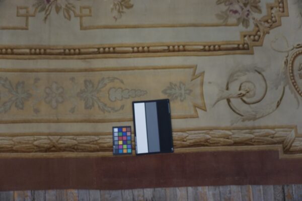 Close-up of an ornate beige rug with gold classical patterns and floral accents, shown with calibration charts.