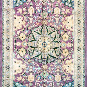 Traditional rug with dense floral motifs in cream, green, and blue on a bright purple field and layered border.