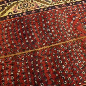 Red rug with vertical white flower pattern and a wide yellow border with elaborate traditional motifs.