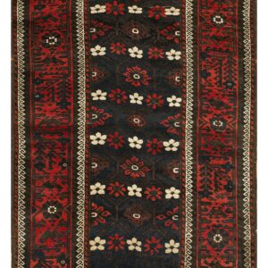 Runner rug with dark blue center, alternating rows of red and cream flowers, and complex red geometric borders.