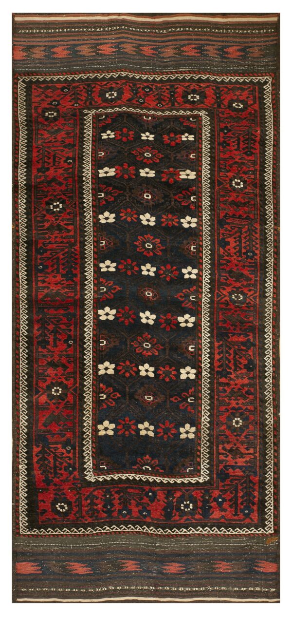 Runner rug with dark blue center, alternating rows of red and cream flowers, and complex red geometric borders.