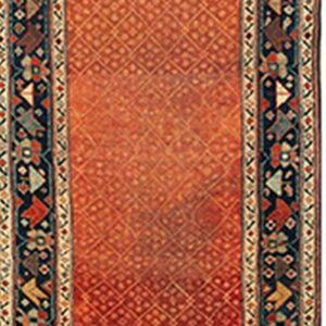 Red runner rug with a fine lattice pattern and wide navy borders featuring multicolored stylized animals.
