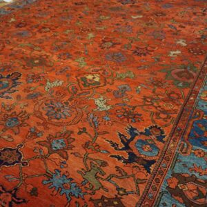 Close-up of a terracotta rug with detailed blue, green, and navy floral and animal motifs and a wide blue border.