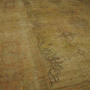 Ornate gold and olive rug with faded traditional patterns covers hardwood flooring.