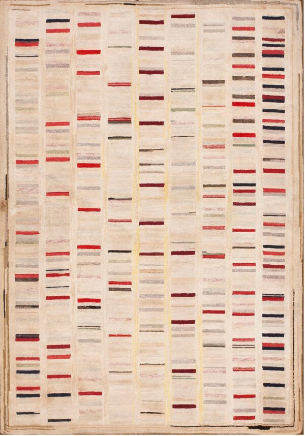 Textured cream rug displaying abstract colored bars, including red, maroon, black, and gray.