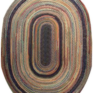 Oval braided rug featuring concentric rings of multicolored stripes and a dark blue center.