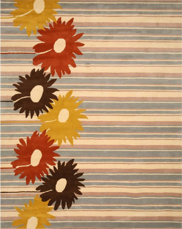 Bold floral rug featuring gold, rust, and brown blooms against a striped blue, beige, and rose background.