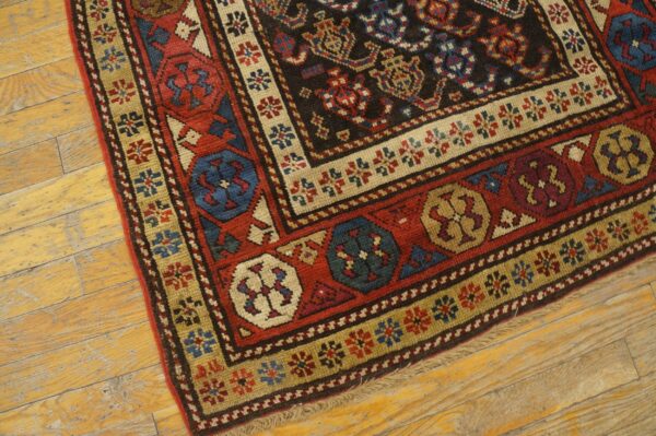 Geometric rug detail showing borders in red, tan, and blue surrounding a dark patterned field on wood flooring.