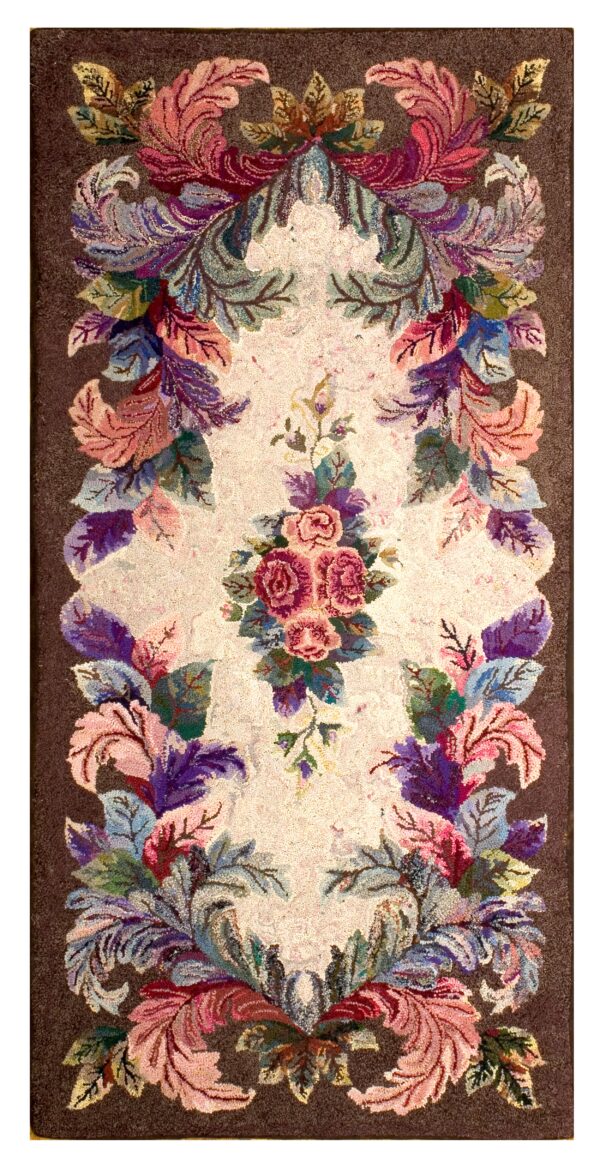 Ornate floral runner rug featuring a central pink rose bouquet framed by large colorful botanical scrolls on a brown ground.
