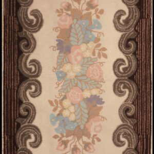 Muted pastel floral spray on a cream field surrounded by an elaborate dark brown scroll border.