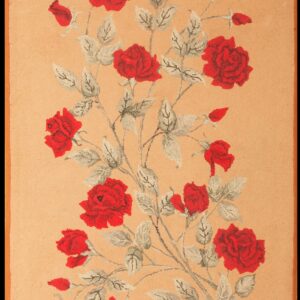 Peach-colored rug with a central floral pattern of red roses and gray leaves on a textured surface.