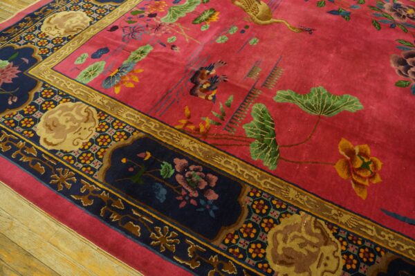 Antique allover floral design vibrant red color art deco chinese hand knotted rug - image 2