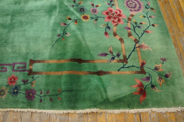 Mint green deep pile rug with floral and partial geometric patterns on worn yellow wood planks.