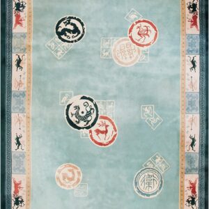 Light teal rug with a multi-layered border and scattered circular motifs of animals and symbols.