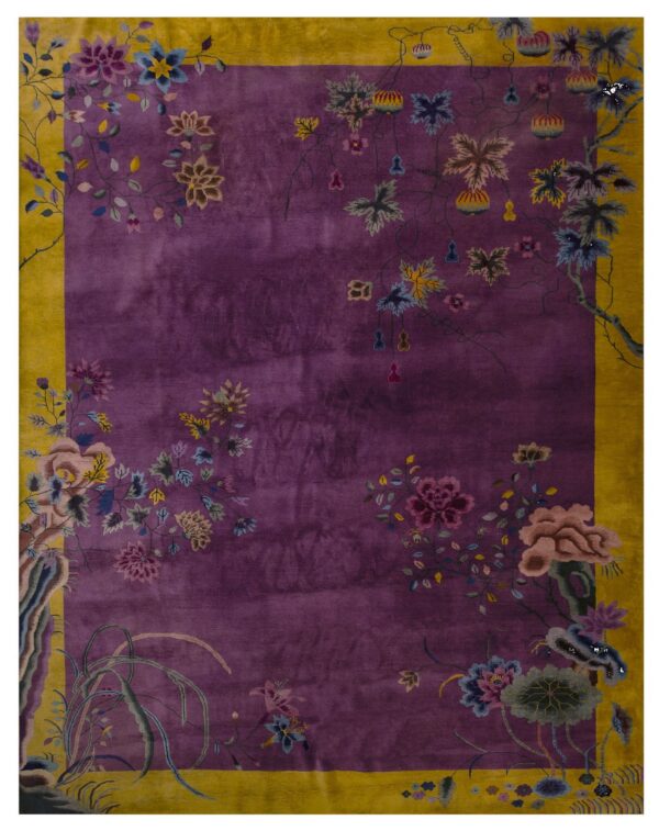 Rectangular rug with a purple field, golden border, and multicolored floral and vine motifs.