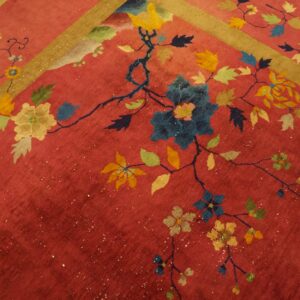 Red rug detail showing colorful blue, yellow, and green floral vines with a tan border stripe.
