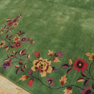 High-pile green rug displays a border of red, purple, and tan floral designs on light wooden flooring.