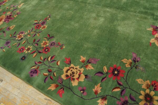 High-pile green rug displays a border of red, purple, and tan floral designs on light wooden flooring.