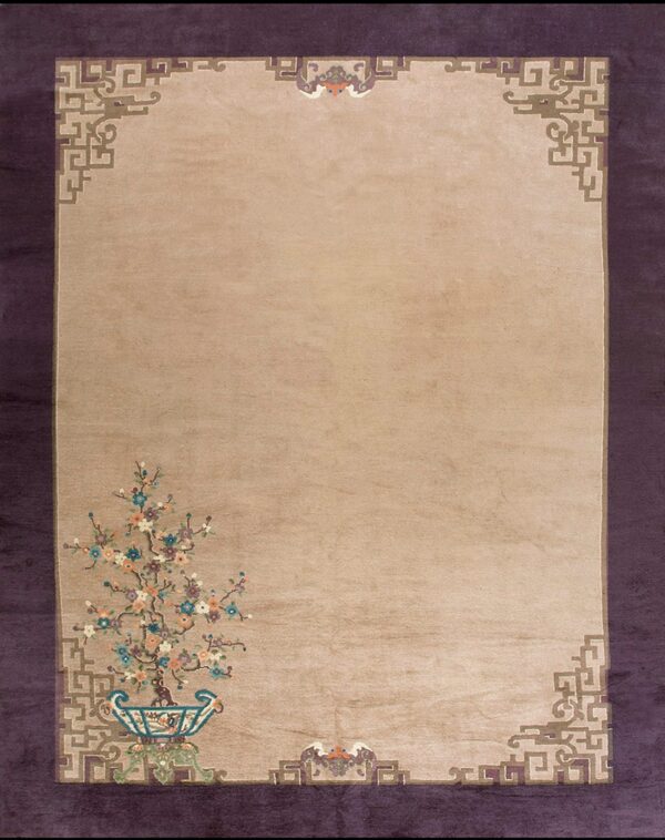 Beige rug with a colorful potted flowering tree design and geometric borders on a dark purple background.