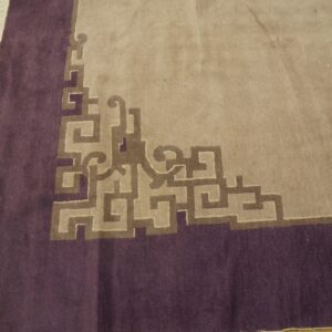 Close-up of a tan rug with a purple border, white fringe, and geometric corner pattern resting on wood flooring.