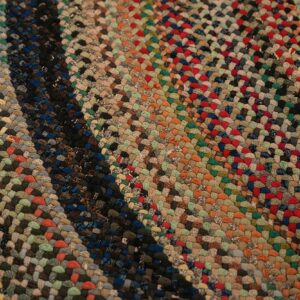 Detail view of a tightly braided rug displaying rich variegated colors like red, orange, green, and dark blue.