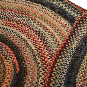 Multicolored braided rug close-up showing thick, variegated, concentric rings of texture.