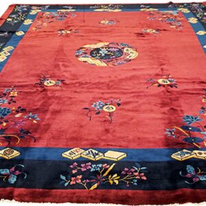 Traditional style red rug featuring a contrasting navy border filled with intricate floral and symbolic patterns.