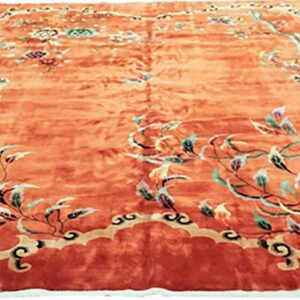 Salmon-colored high-pile rug with a detailed multicolored floral and vine central pattern and scrolling border.