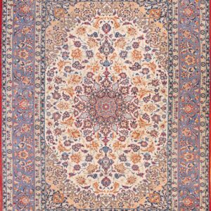 Ornate floral rug with a central medallion, featuring an ivory field and a wide powder blue border.